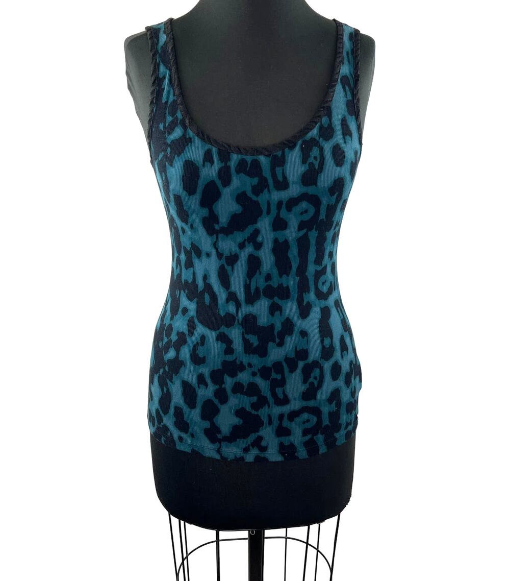 GUESS Blue Black Leopard Print Sleeveless Scoop Neck Cotton Blend Jamie Tank S